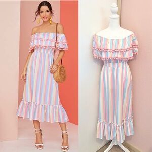 Off The Shoulder Pink Pastel Rainbow Striped Ruffle Pom Dress